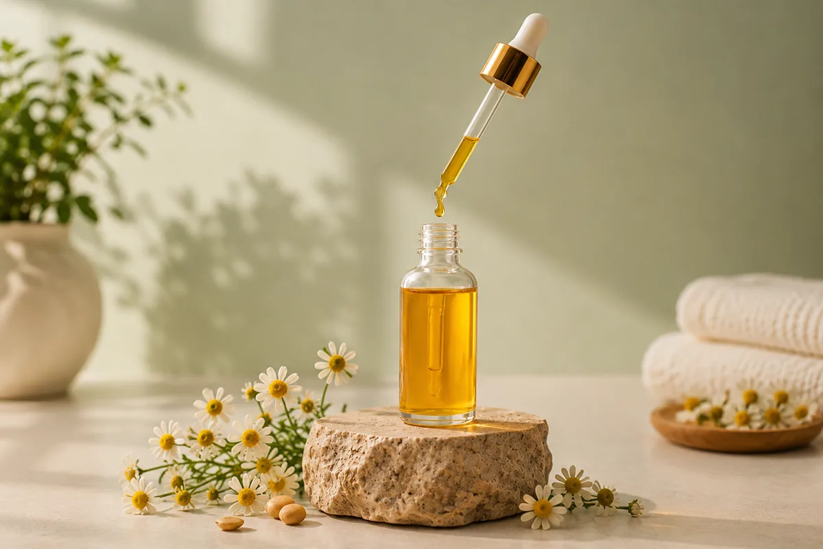 The same serum bottle: a phone photo on a bathroom counter, and the ad PixelAd generated from it