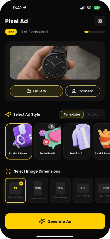 PixelAd app: home screen with a phone photo loaded and the ad style templates below