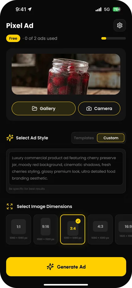 PixelAd app: writing a custom ad style prompt and picking an image size